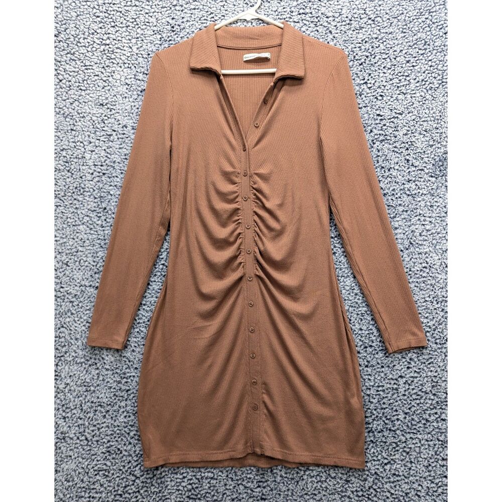 Abercrombie Fitch Bodycon Ribbed Mini Dress Size M Rouched Button Up Knit Brown